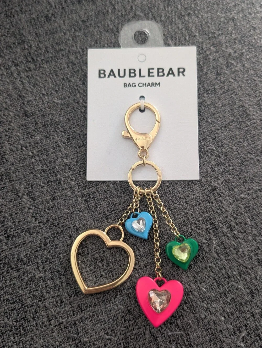 BaubleBar Gold Heart Bag Charm with Pink, Blue, and Green Hearts
